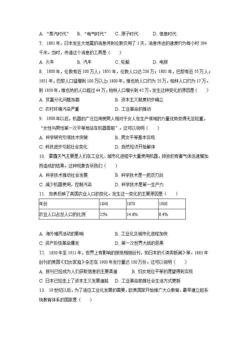 人教版九年级下册《第二单元 第二次工业革命和近代科技文化》2023年单元测试卷（含解析）02