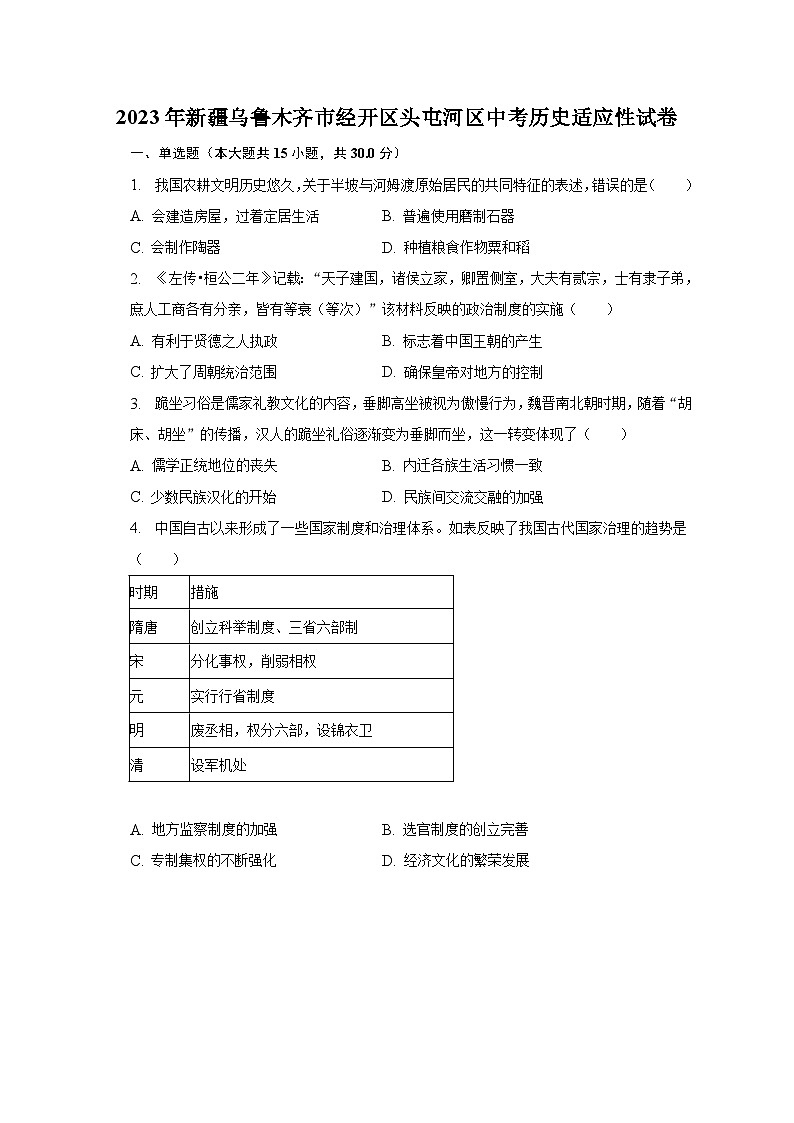 2023年新疆乌鲁木齐市经开区头屯河区中考历史适应性试卷（含解析）01