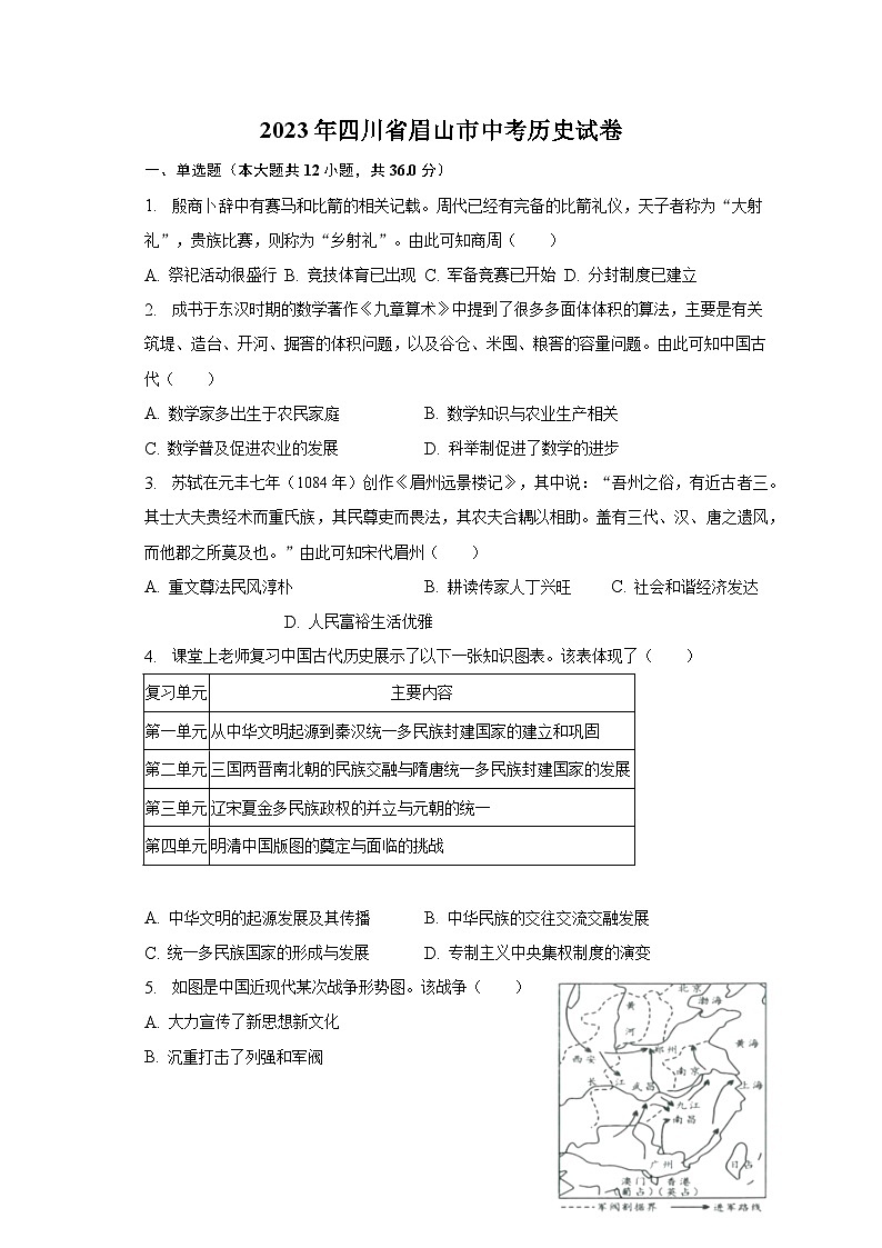 2023年四川省眉山市中考历史试卷（含解析）01