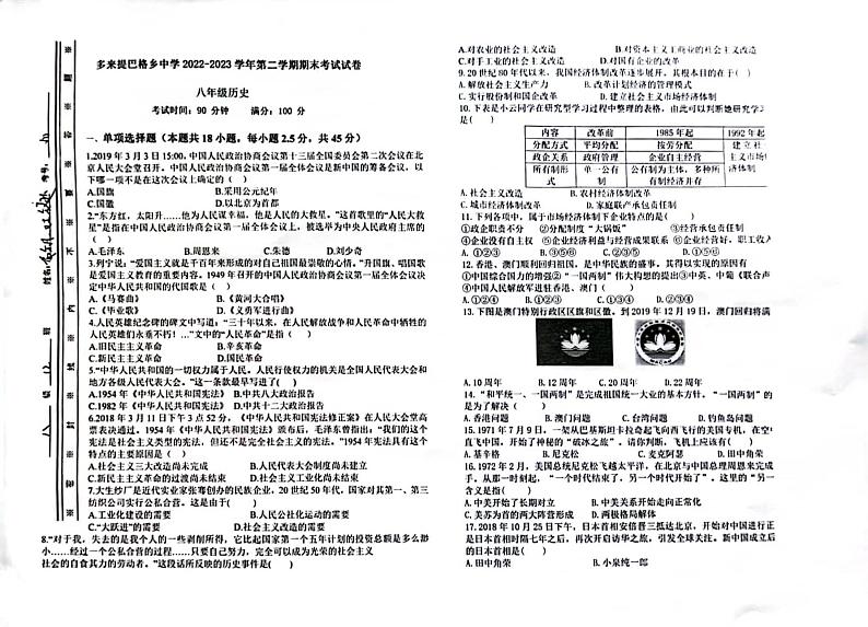 新疆维吾尔自治区喀什地区巴楚县2022-2023学年八年级下学期期末历史试题第1页