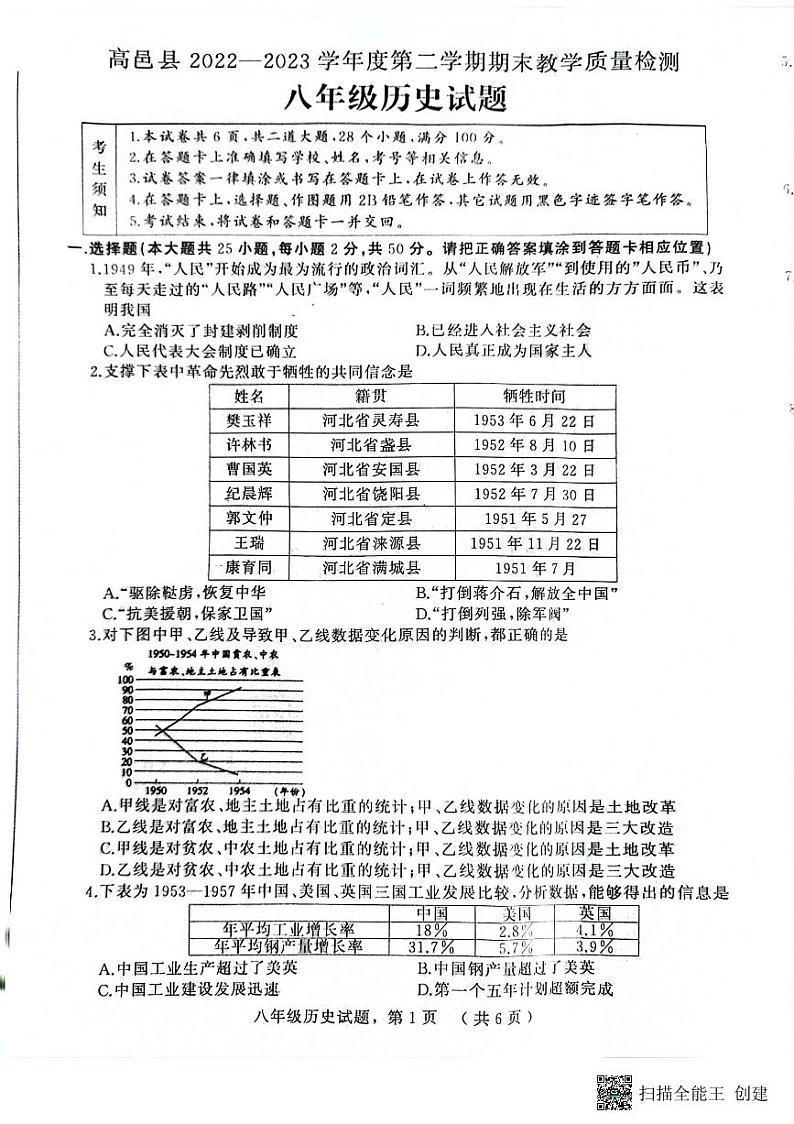 河北省石家庄市高邑县2022-2023学年八年级下学期期末考试历史试题第1页