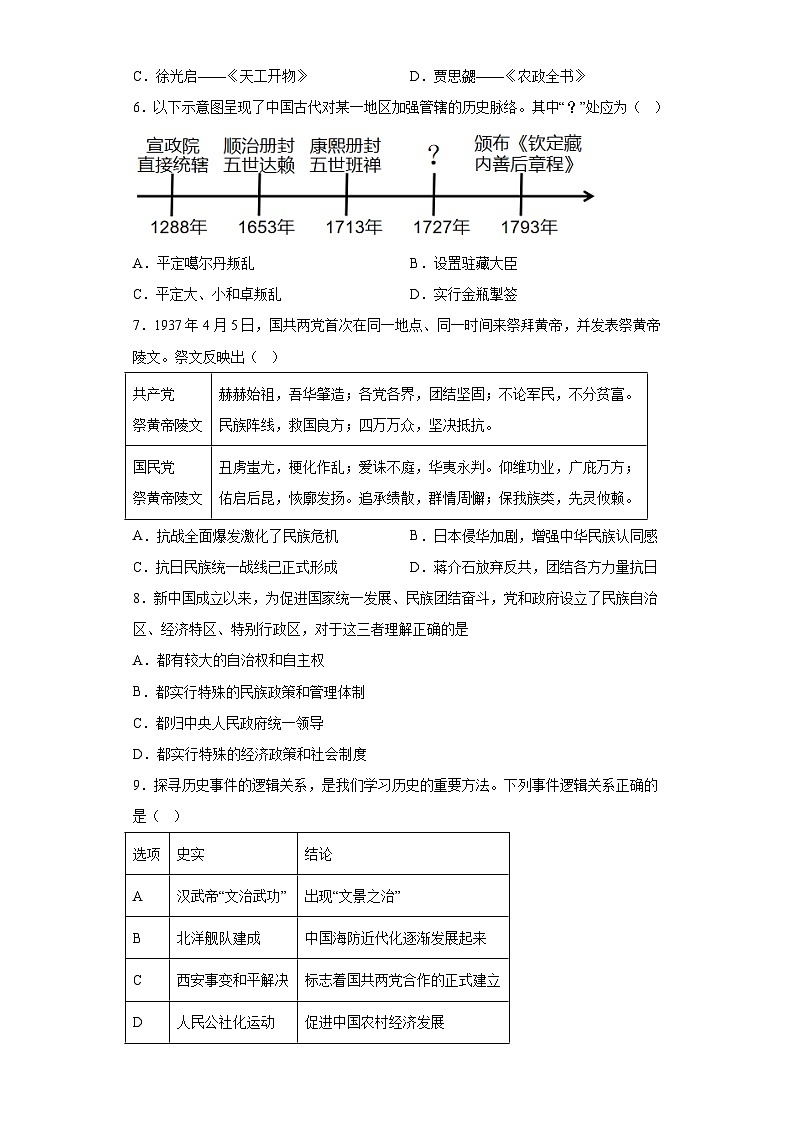 2023年四川省泸州市合江县中考三模历史试题（含解析）02