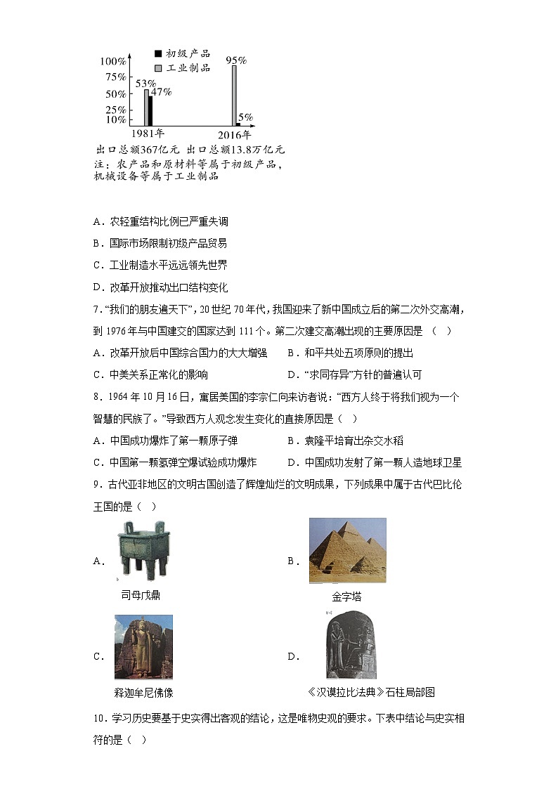 2023年湖北省广水市中考模拟练习历史试题（含解析）02