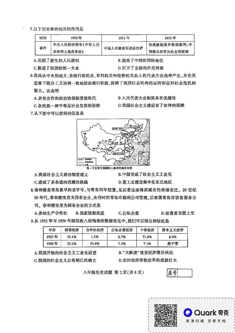 临沂市平邑县温水中学2022-2023学年部编版八年级历史下学期期末试题第2页