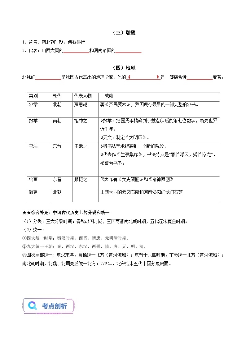 【暑假初中预备】部编版历史新七年级（六升七）暑假预习第21讲-第20课：魏晋南北朝时期的科技与文化 讲学案02