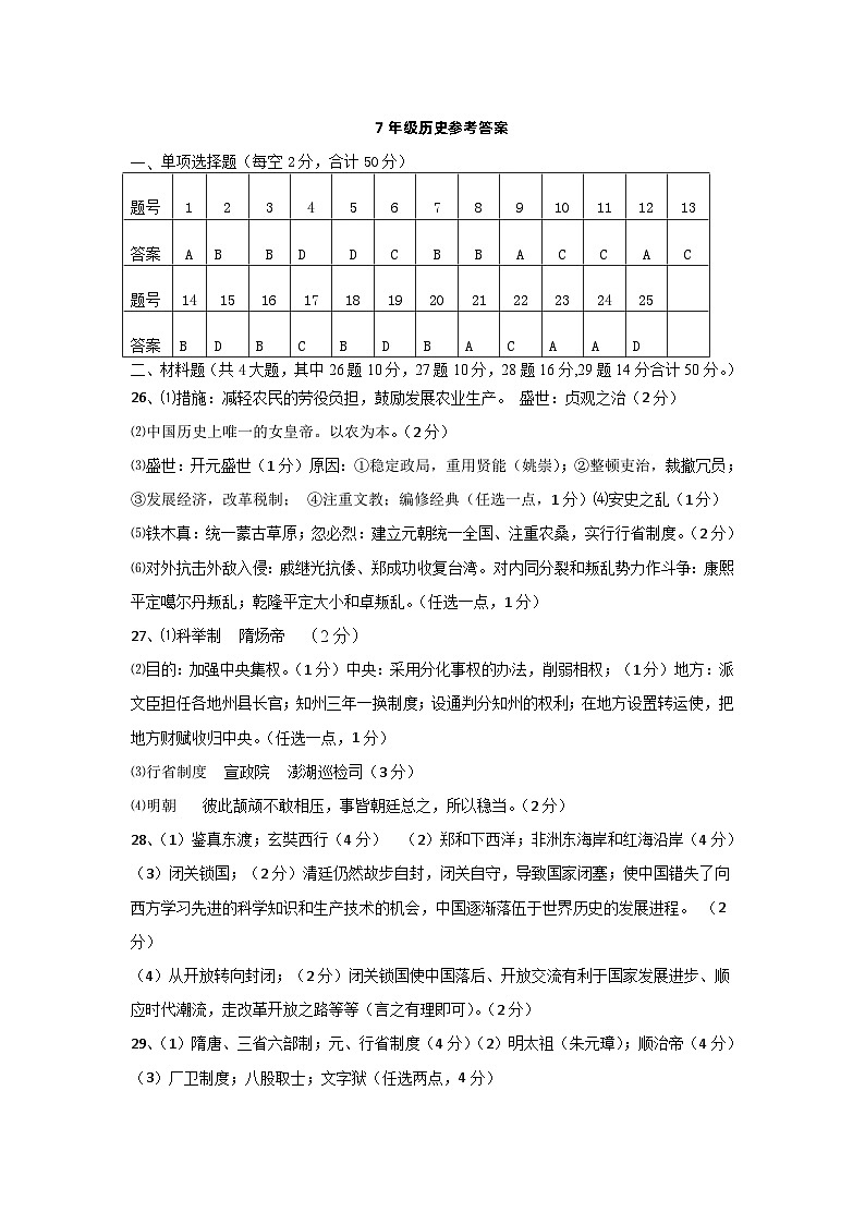2023年【七年级下册历史】期末考试真题 含答案01