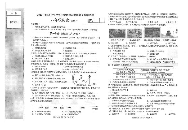 辽宁省大连市金普新区2022-2023学年部编版八年级历史下学期期末质量检测试卷第1页