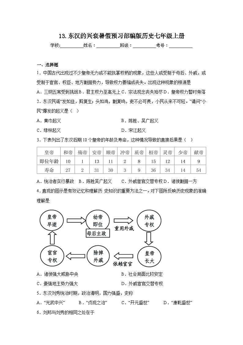 13.东汉的兴衰暑假预习部编版历史七年级上册第1页