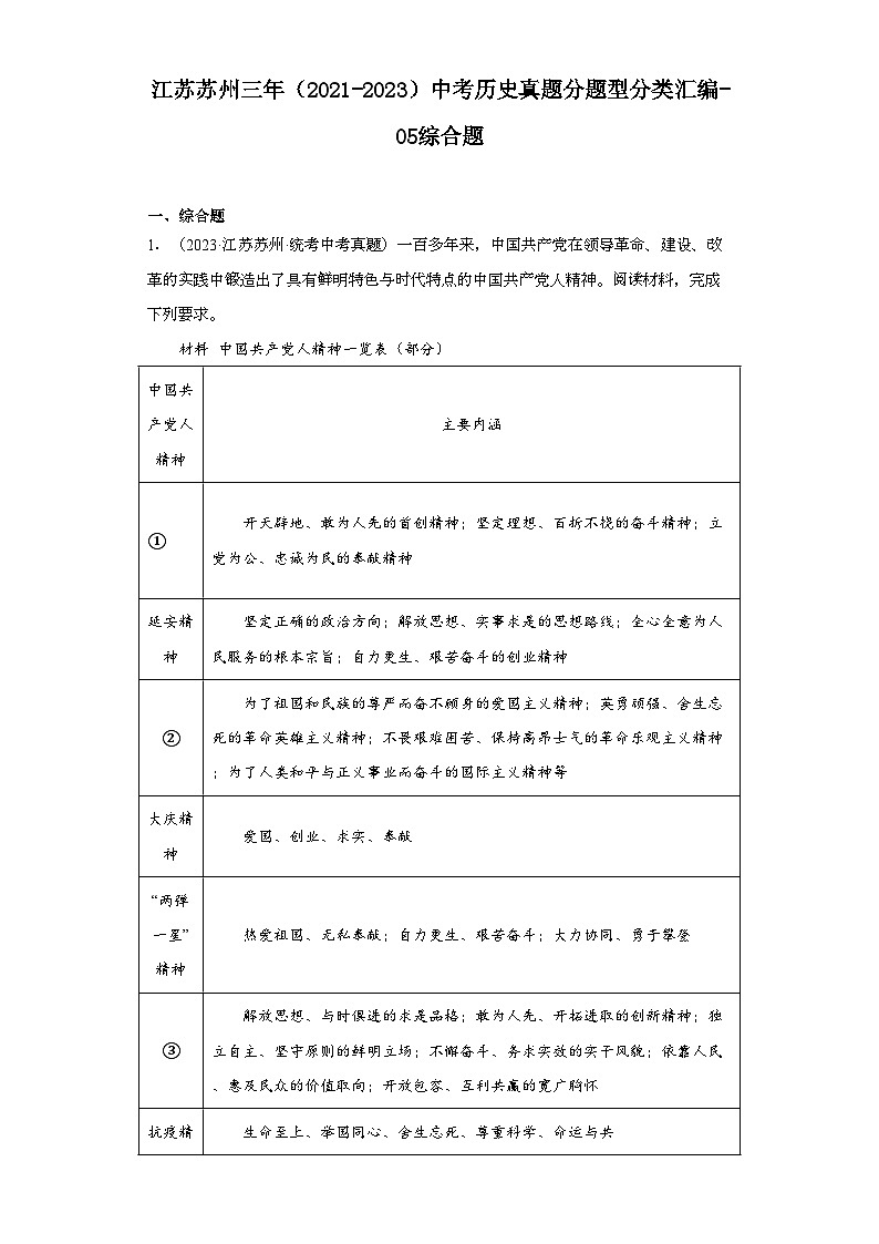 江苏苏州三年（2021-2023）中考历史真题分题型分类汇编-05综合题第1页