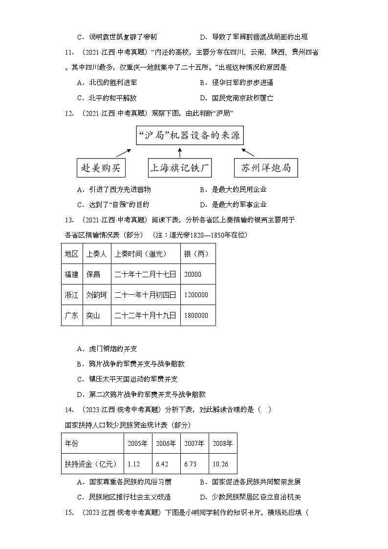 江西三年（2021-2023）中考历史真题分题型分类汇编-02选择题（中国近代史、中国现代史）03