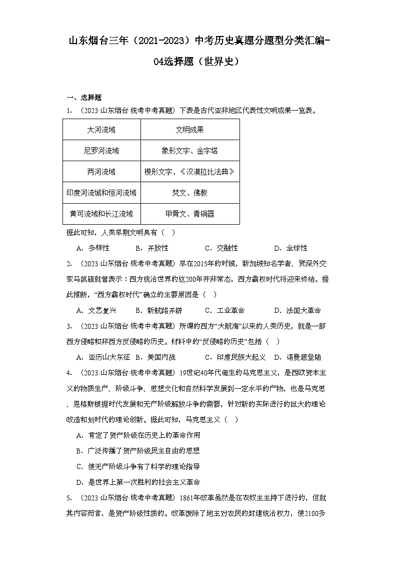 山东烟台三年（2021-2023）中考历史真题分题型分类汇编-04选择题（世界史）第1页