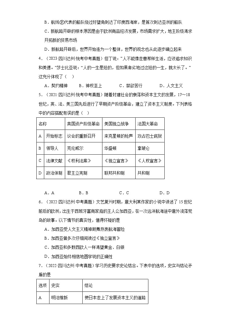 四川达州三年（2021-2023）中考历史真题分题型分类汇编-02选择题（世界史）第2页