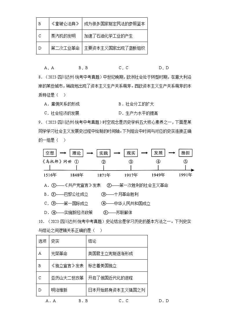 四川达州三年（2021-2023）中考历史真题分题型分类汇编-02选择题（世界史）第3页