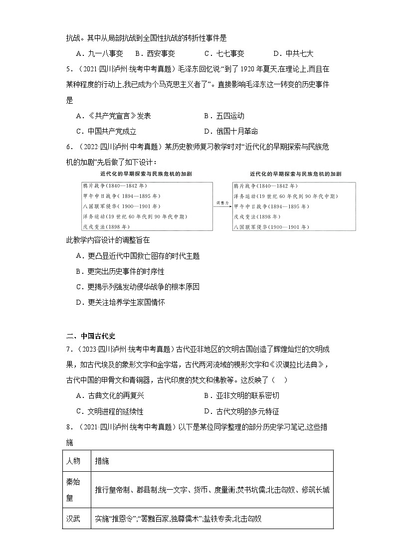 四川泸州三年（2021-2023）中考历史真题分题型分类汇编-01选择题（中国史）第2页
