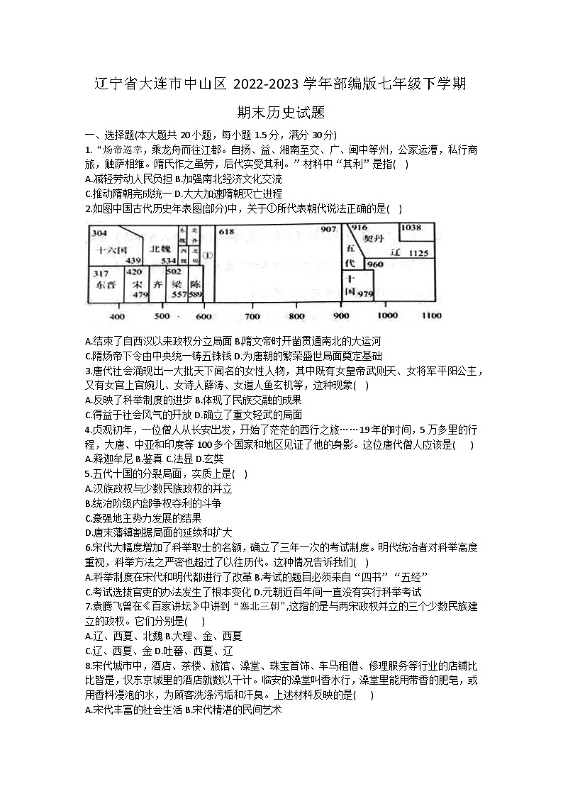 辽宁省大连市中山区2022-2023学年七年级下学期期末历史试题（含答案）01