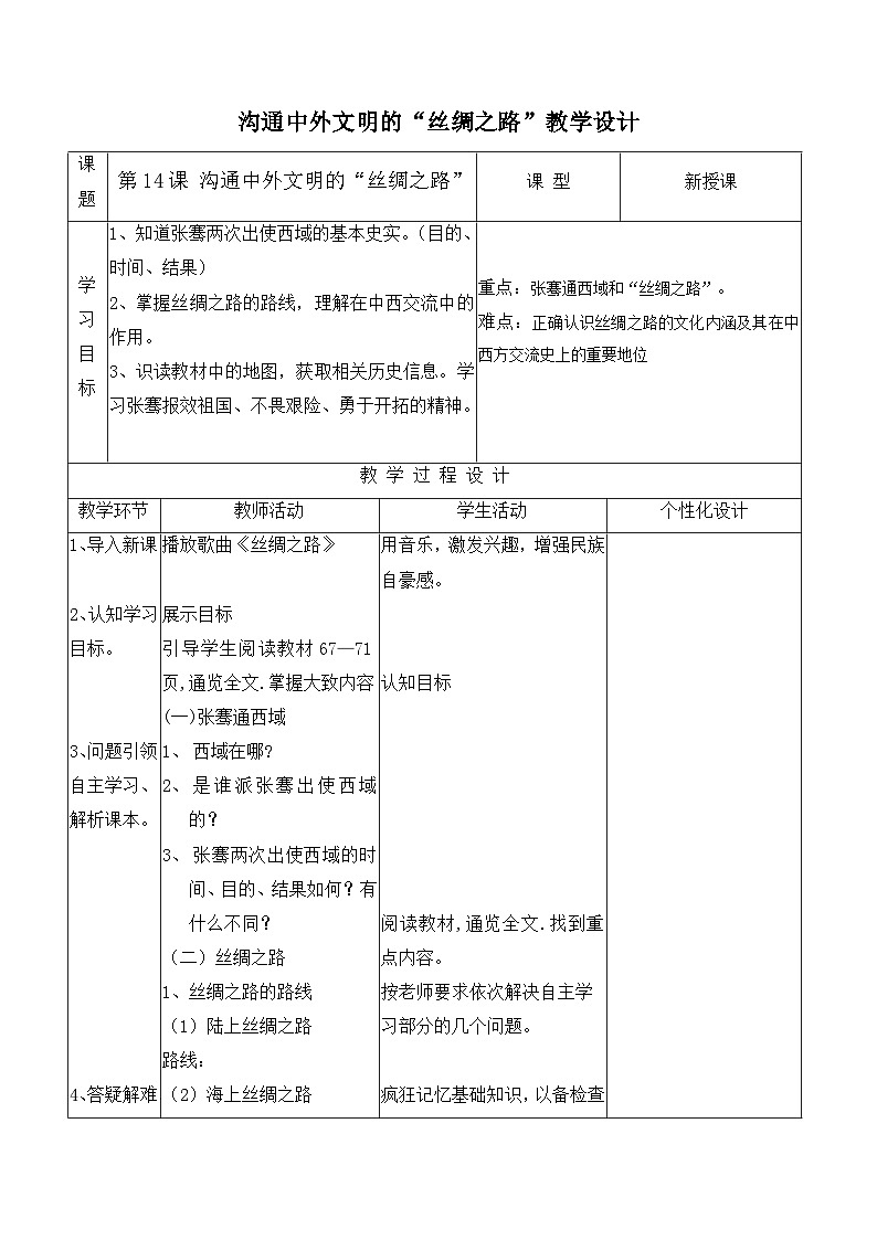 3.14 沟通中外文明的“丝绸之路”  教学设计 2022-2023学年部编版历史七年级上册第1页