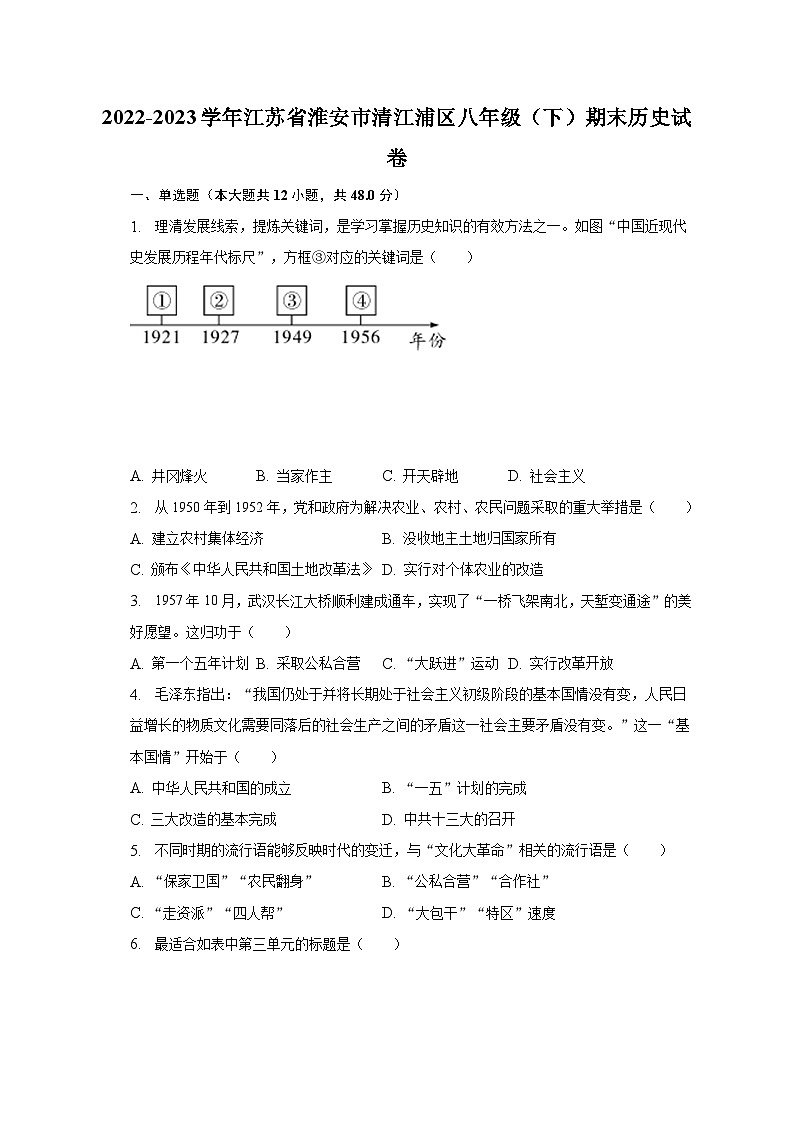 2022-2023学年江苏省淮安市清江浦区八年级（下）期末历史试卷（含解析）第1页