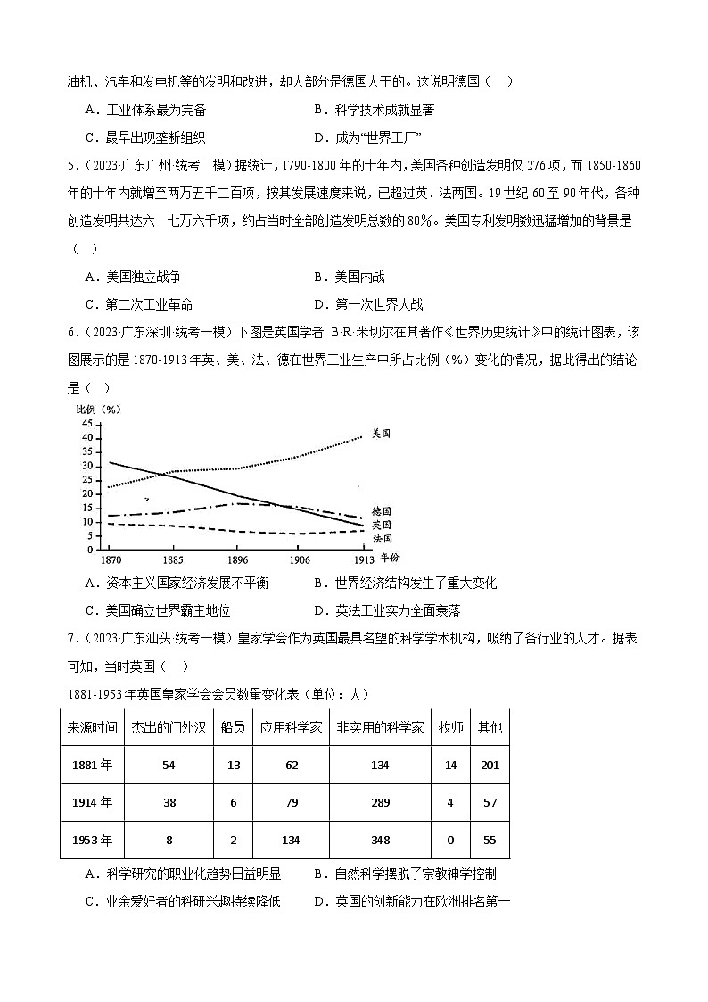 2023年广东省九年级历史中考模拟题选编——第二次工业革命和近代科学文化第2页