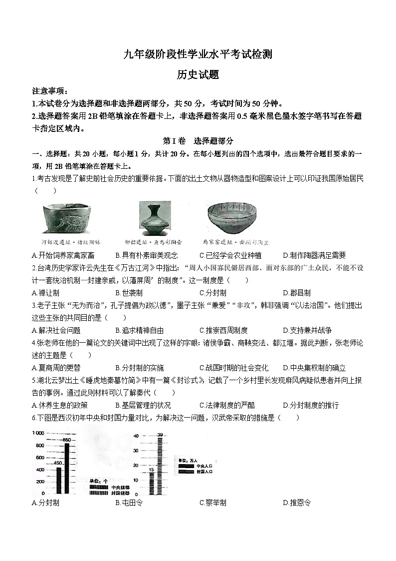 山东省菏泽市牡丹区第十一中学2022-2023学年九年级上学期期末历史试题（含答案）第1页