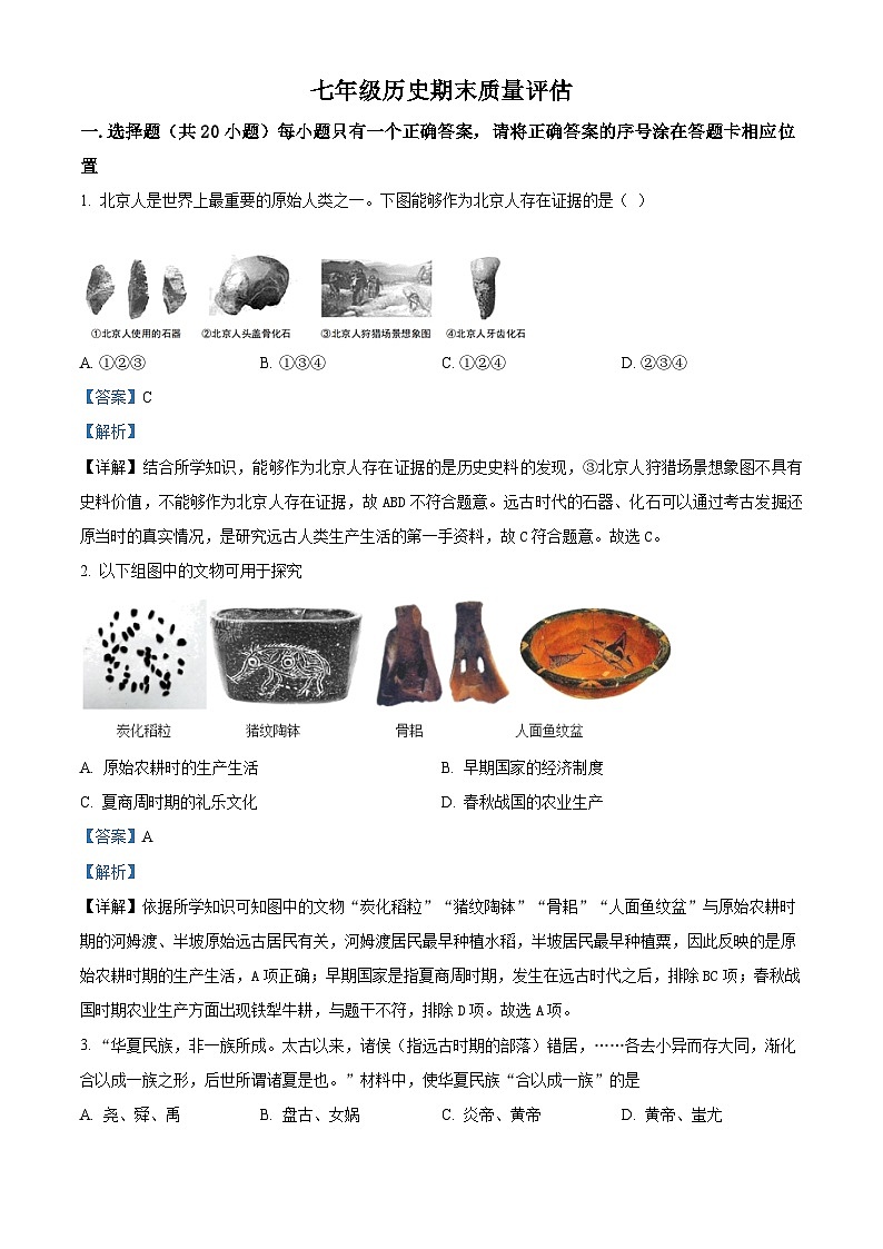 精品解析：河南省信阳市平桥区龙井乡中心学校等5校2022-2023学年七年级上学期期末历史试题（解析版）01