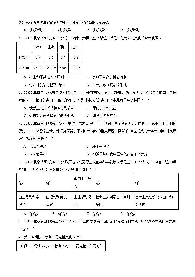 2023年北京市九年级历史中考模拟题选编——中国特色社会主义道路02