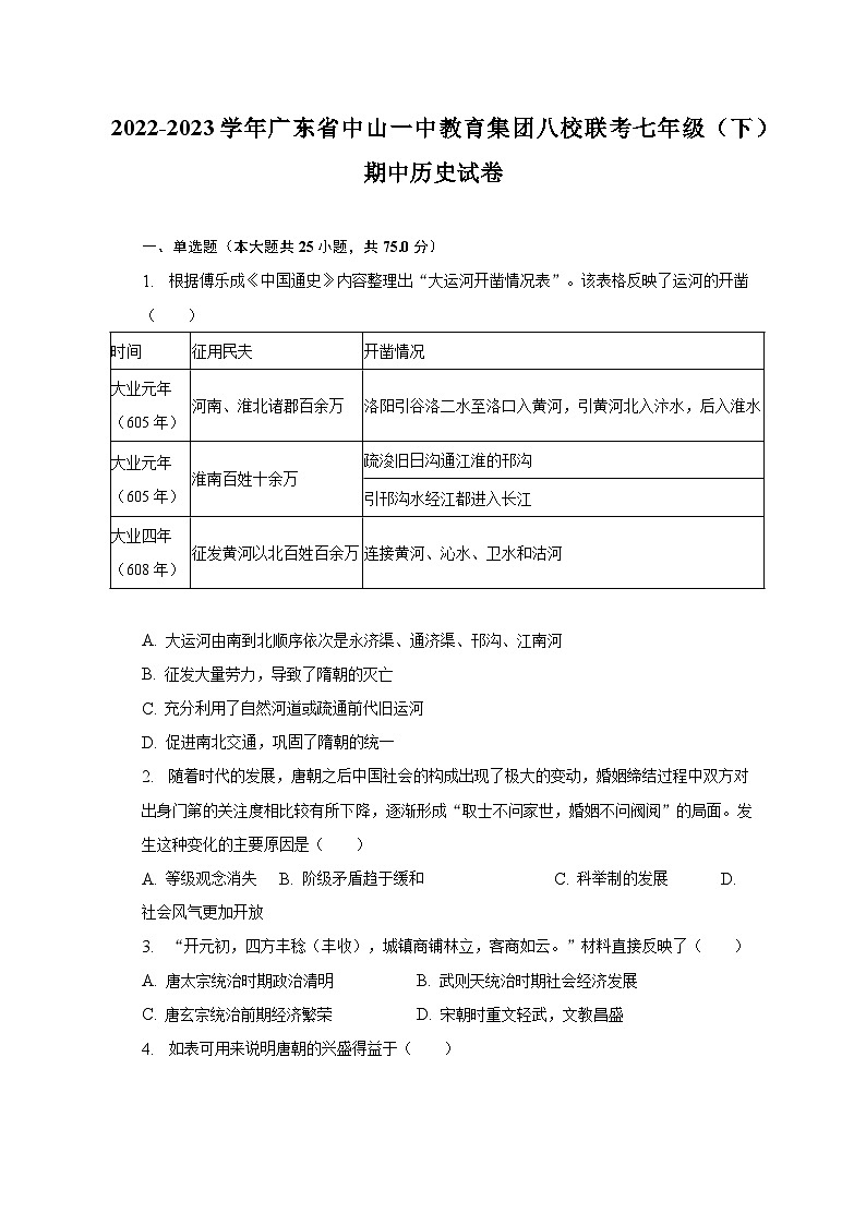 2022-2023学年广东省中山一中教育集团八校联考七年级（下）期中历史试卷（含解析）第1页