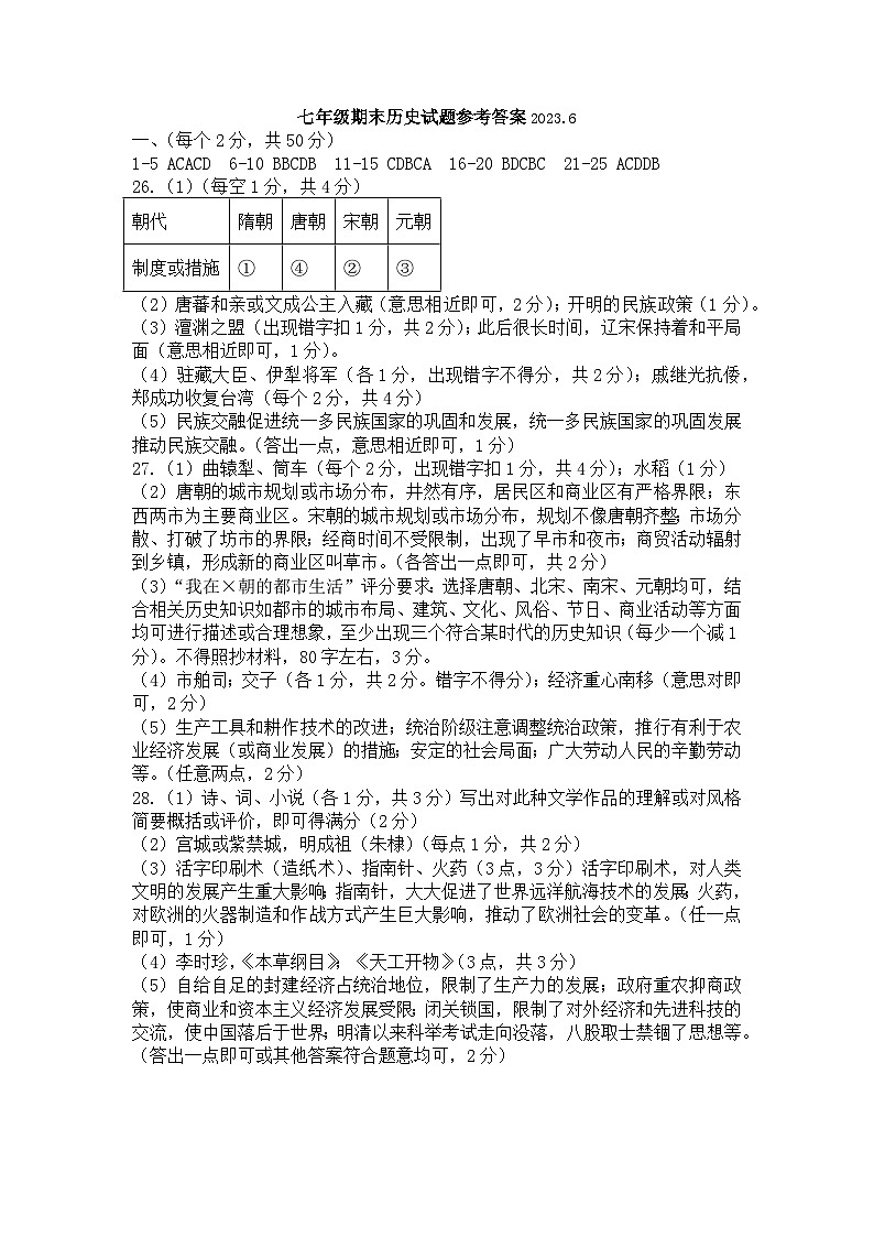七年级历史 答案第1页