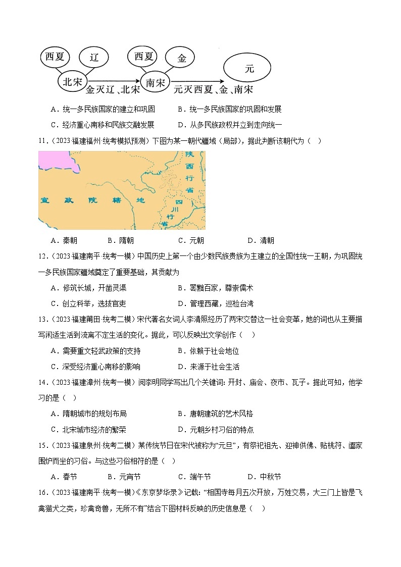 2023年福建省九年级历史中考模拟题选编——辽宋夏金元时期：民族关系发展和社会变化03