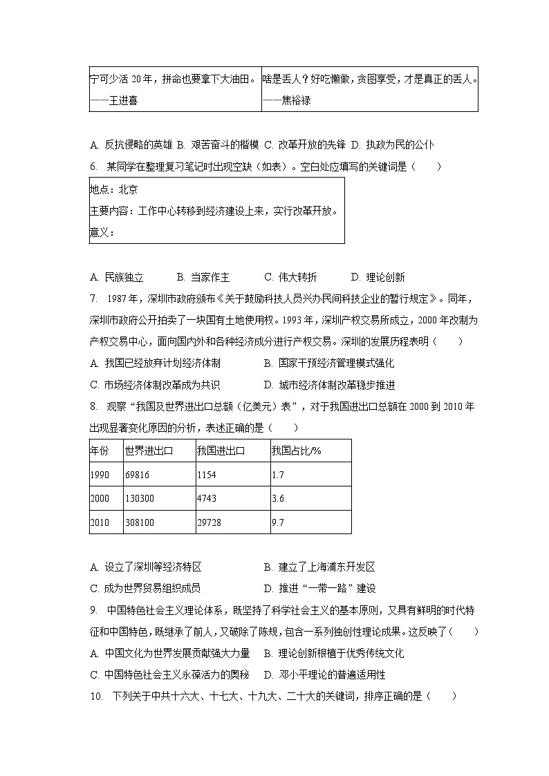 2022-2023学年安徽省亳州市谯城区城父镇树林学校八年级（下）月考历史试卷（6月份）（含解析）02