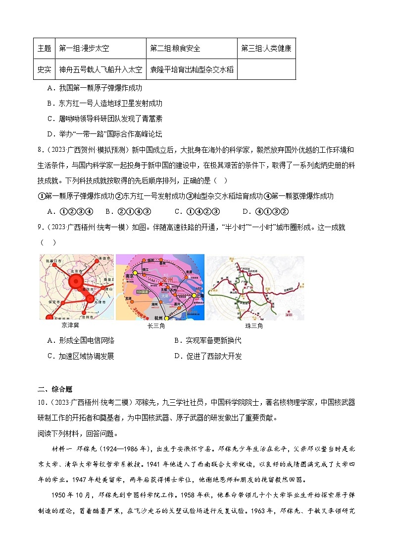 2023年广西历史中考模拟题选编——八年级下册第六单元 科技文化与社会生活02