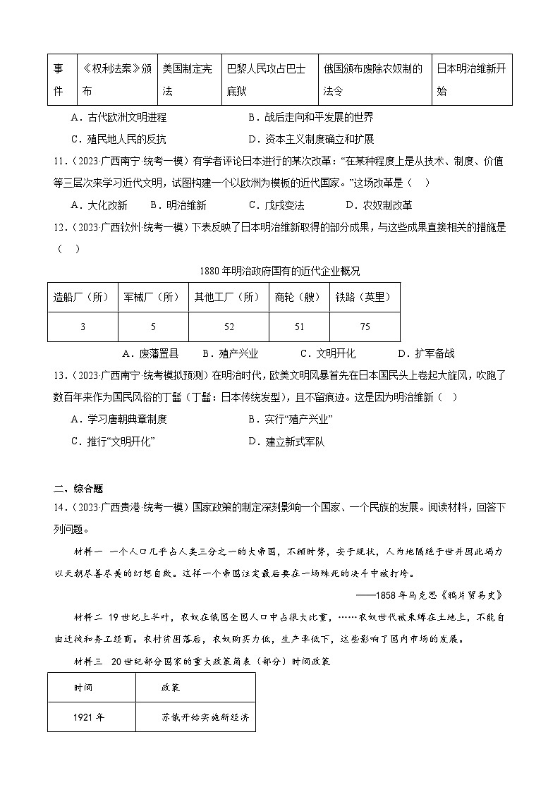 2023年广西历史中考模拟题选编——九年级下册第一单元 殖民地人民的反抗与资本主义制度的扩展03