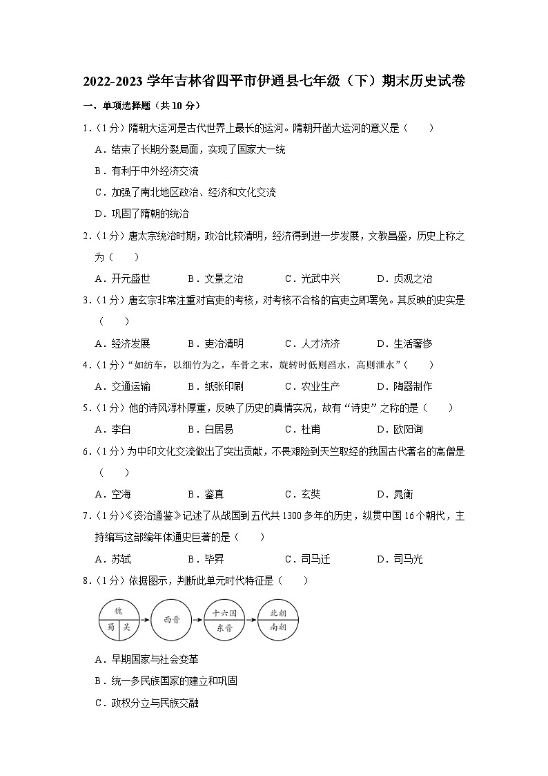 吉林省四平市伊通满族自治县2022-2023学年部编版七年级下学期期末历史试卷（含答案）第1页