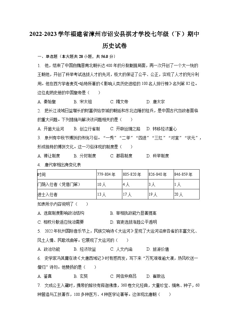 2022-2023学年福建省漳州市诏安县祺才学校七年级（下）期中历史试卷（含解析）01