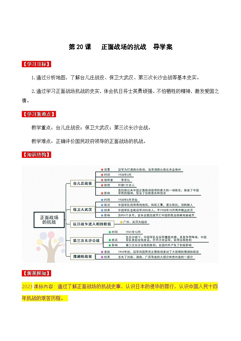第20课 正面战场的抗战 课件+导学案+教学设计+分层设计01