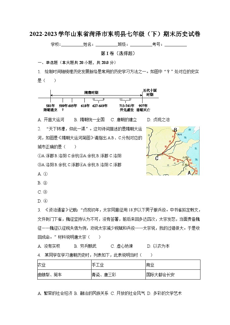 2022-2023学年山东省菏泽市东明县七年级（下）期末历史试卷（含解析）第1页