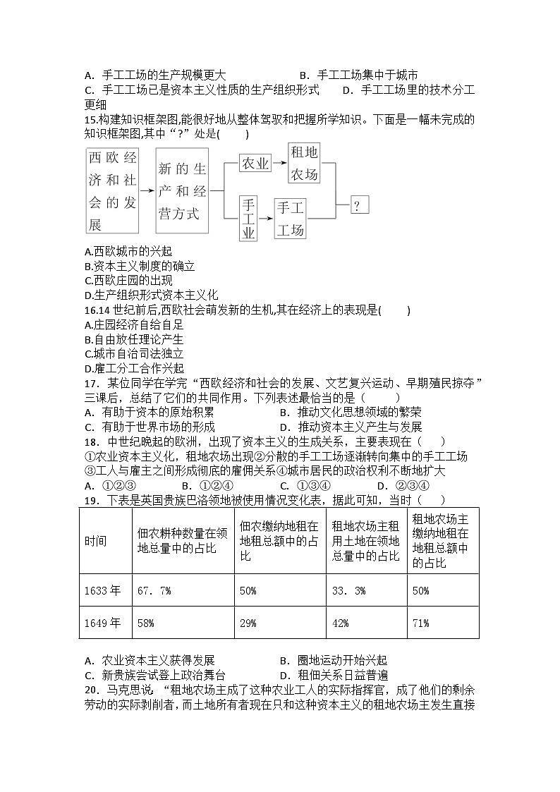 【同步练习】部编版历史九年级上册--第13课 西欧经济和社会的发展 同步练习题（含答案）03