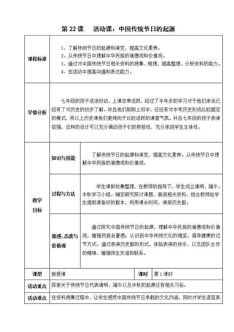 统编版七年级历史下册 第22课活动课：中国传统节日的起源  教案01