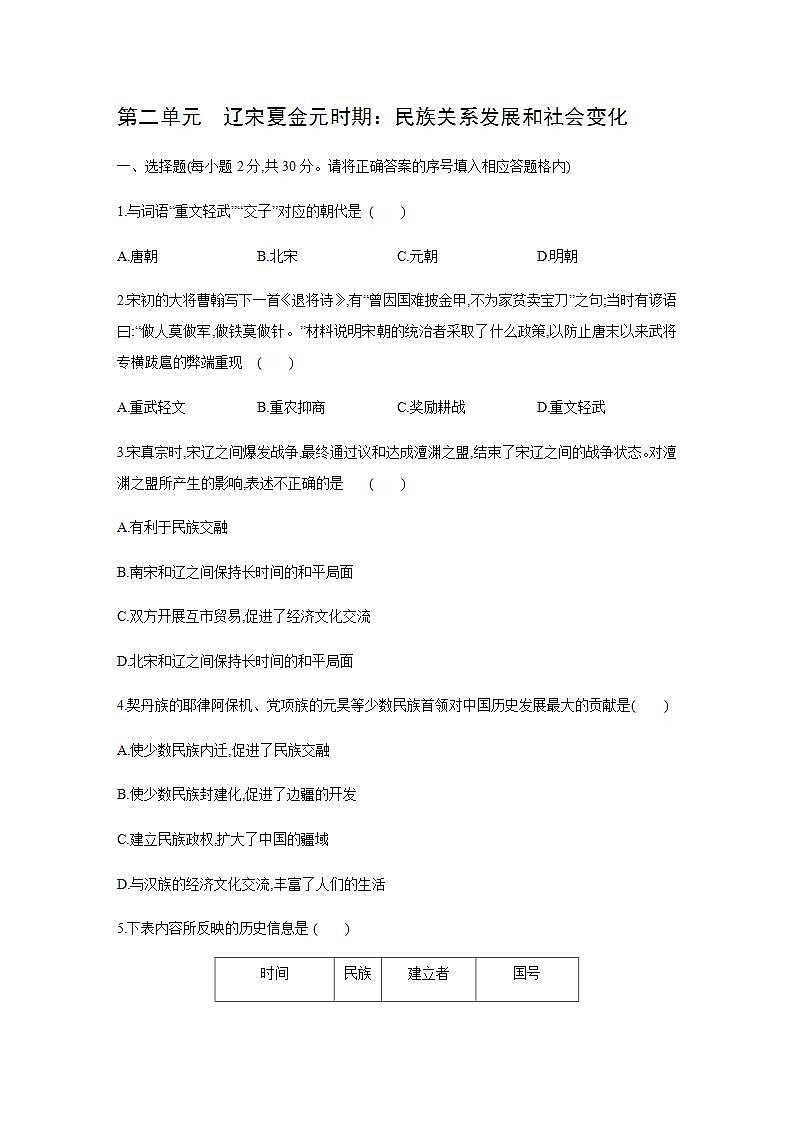 人教部编版七年级历史下册 第二单元  辽宋夏金元时期：民族关系发展和社会变化单元测试题01