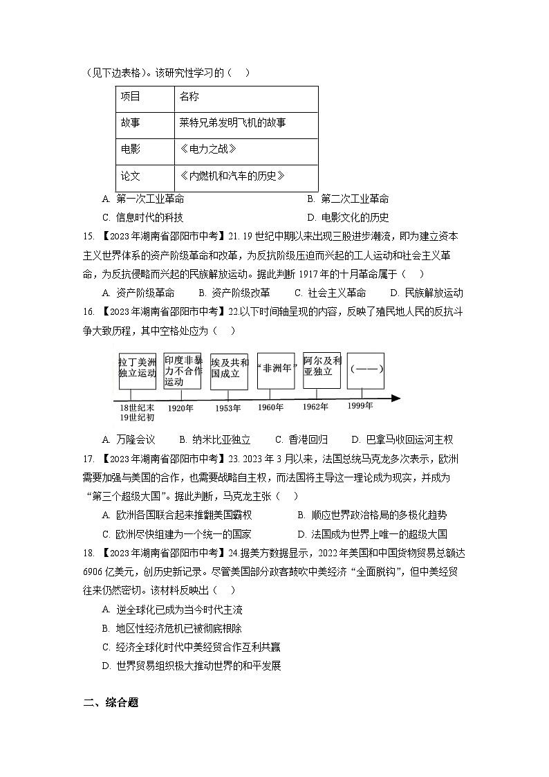 湖南省邵阳市2020-2023年中考历史试题（世界现代史）03