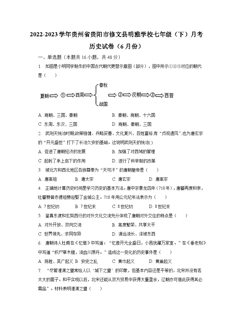 2022-2023学年贵州省贵阳市修文县明雅学校七年级（下）月考历史试卷（6月份）（含解析）01