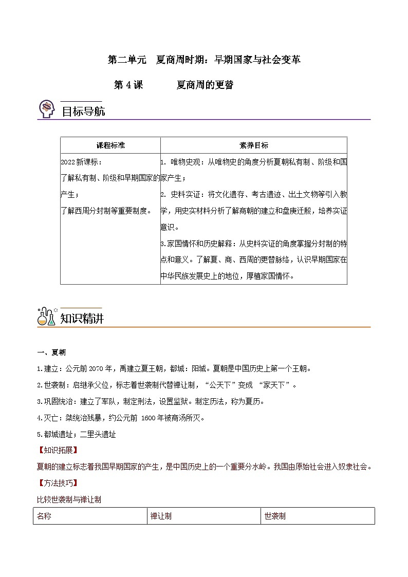 【同步讲义】部编版历史七年级上册--第04课《夏商周的更替》讲义01