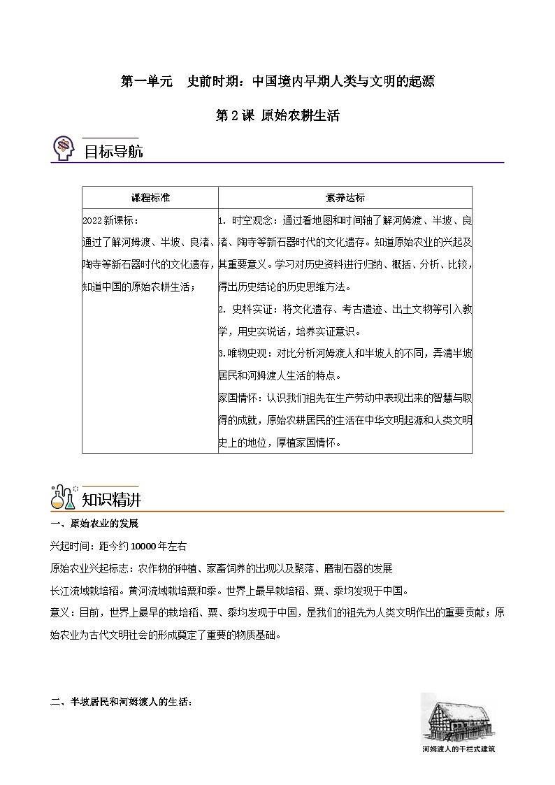 【同步讲义】部编版历史七年级上册--第2课《原始农耕生活》讲义01