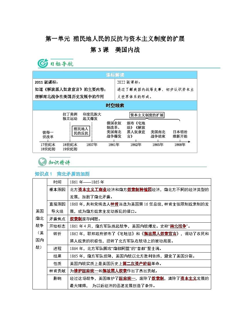 【同步讲义】部编版历史九年级下册--第3课《美国内战》讲义01