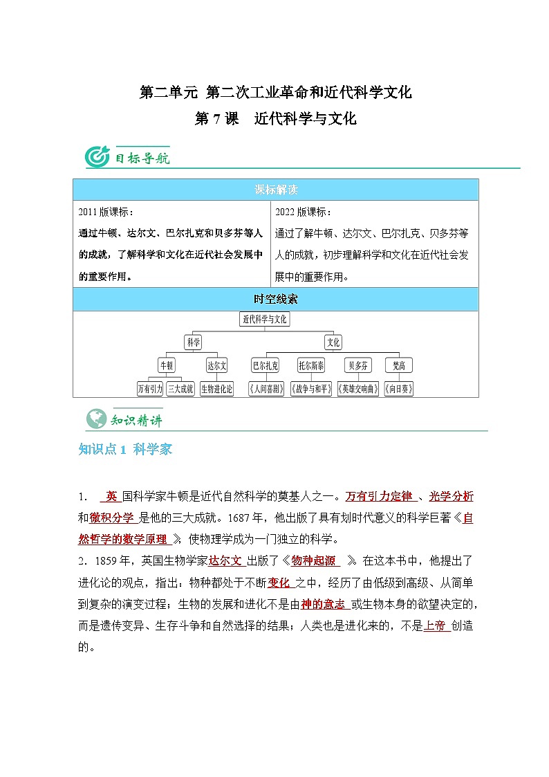 【同步讲义】部编版历史九年级下册--第7课《近代科学与文化》讲义01