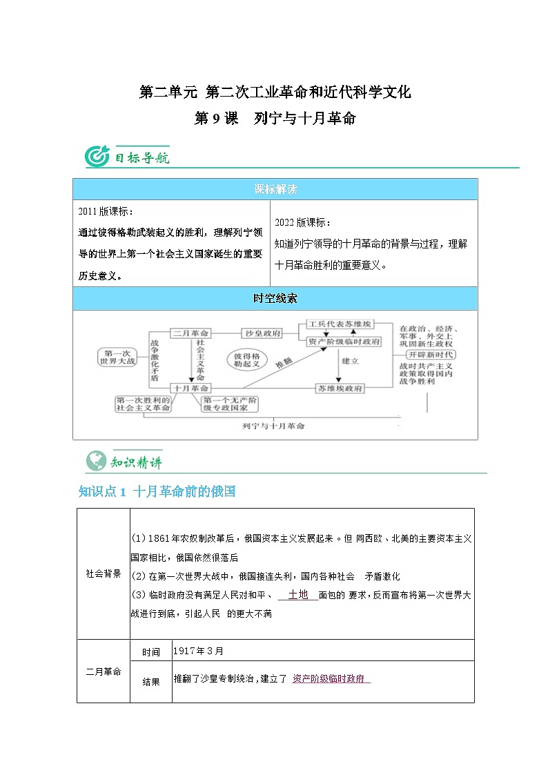 【同步讲义】部编版历史九年级下册--第9课《列宁与十月革命》讲义01