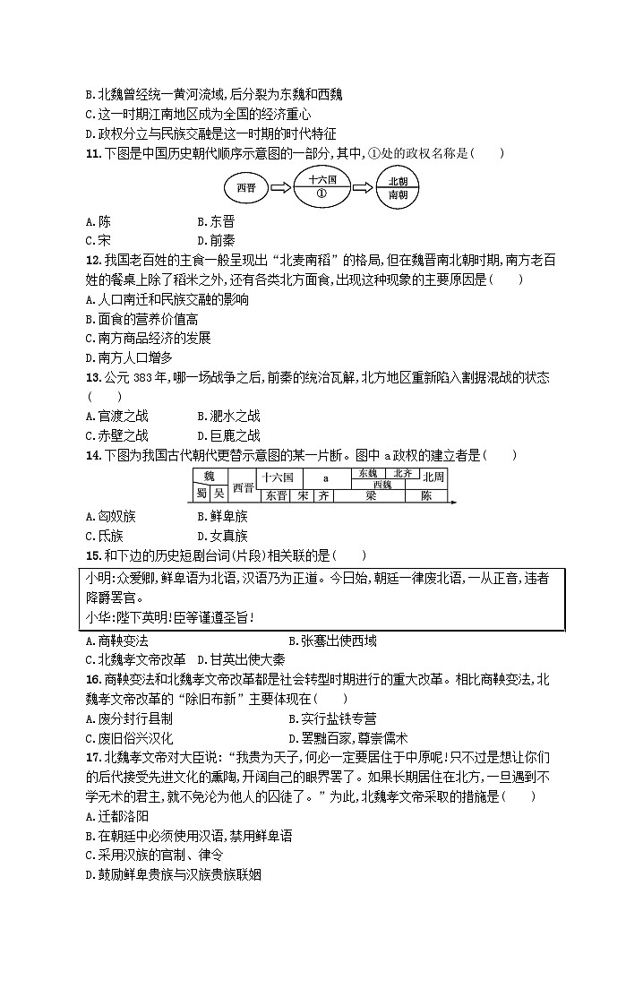 2022七年级历史上册第四单元三国两晋南北朝时期：政权分立与民族交融单元综合训练新人教版第2页