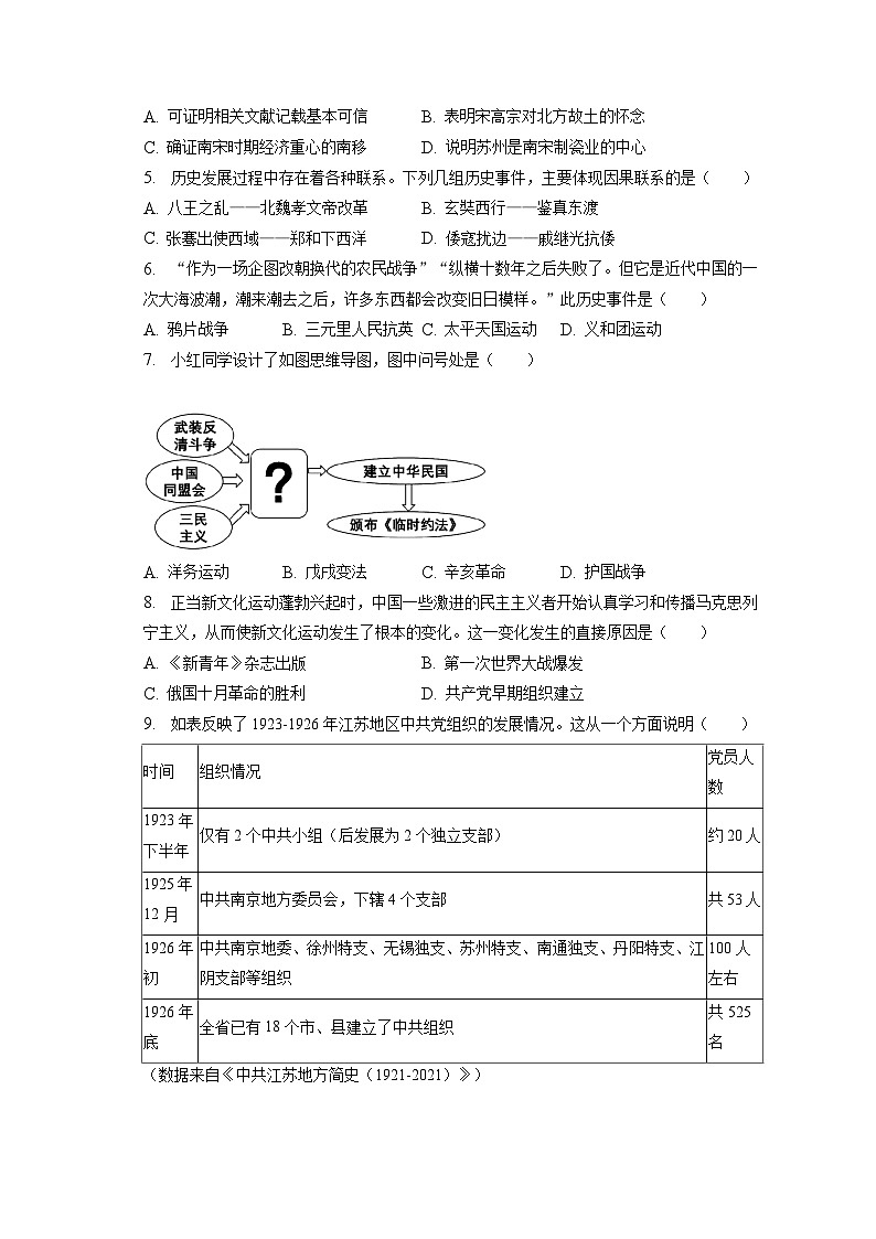 2023年江苏省苏州市中考历史试卷（含答案解析）第2页