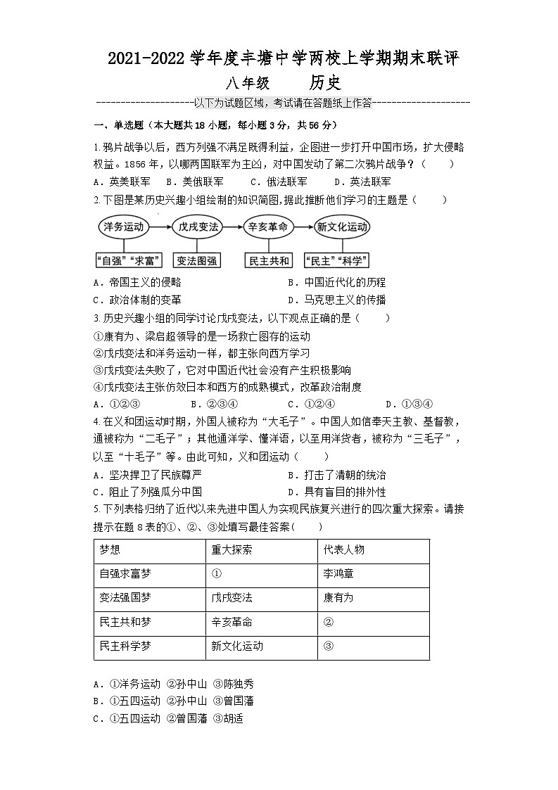 广西钦州市灵山县丰塘中学两校2021-2022学年八年级上学期历史期末联评试题第1页