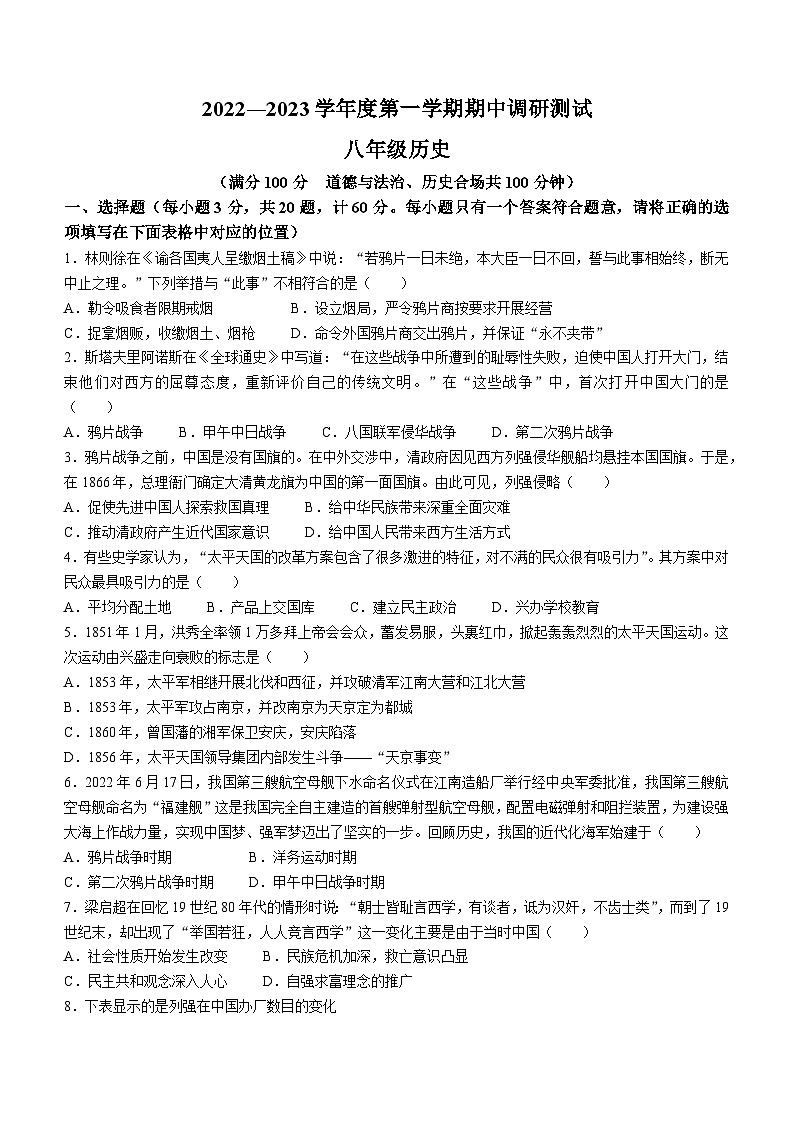 江苏省宿迁市宿城区2022-2023学年八年级上学期期中历史试题01
