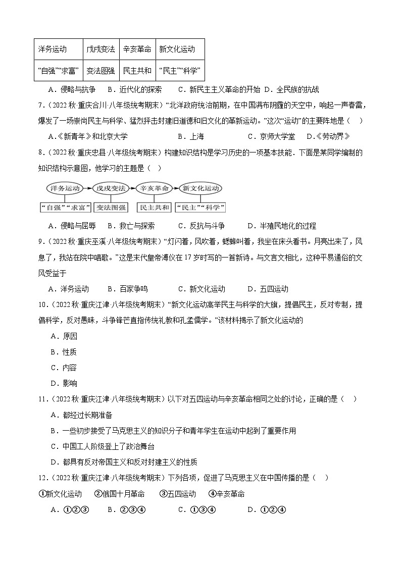 重庆市2022-2023学年上学期八年级历史期末试题选编——第四单元 新民主主义革命的开始第2页